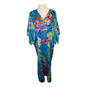 Natori Caftan Sz S Satin Finish Floral Maxi Dress Blue Floral Loungewear Gown